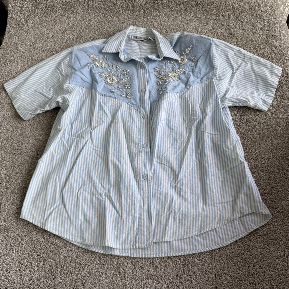 Western Connection Shirt Womens 2X Blue Striped Embroidered Button Up Top